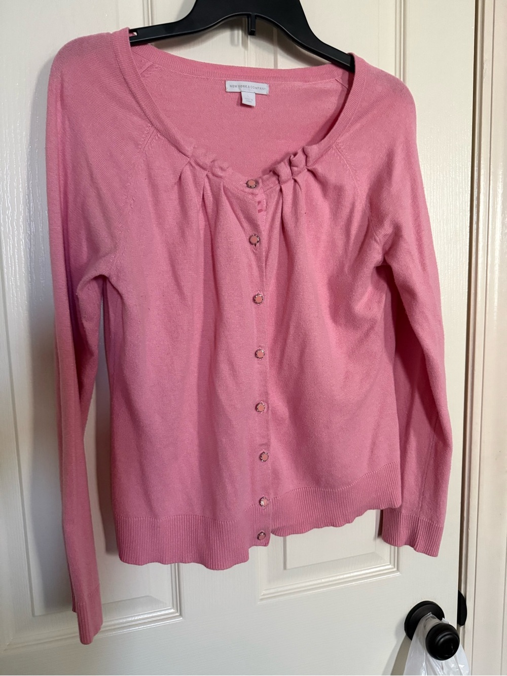 New York & Company Pink Button-Front Gathered Yoke Cardigan